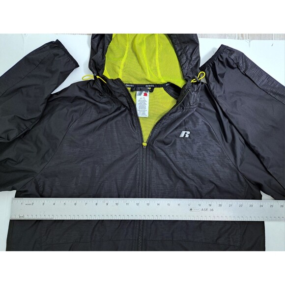 Russell Athletic Men's Large Zip Rain Jacket Run Windbreaker Black Green Hood - Picture 9 of 11